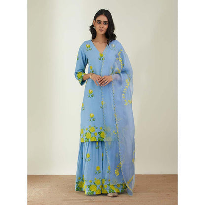 Label Earthen Women Blue Floral Kurta with Sharara & Dupatta (Set of 3)