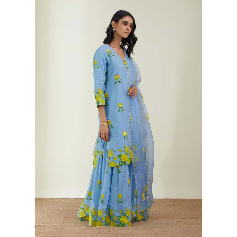 Label Earthen Women Blue Floral Kurta with Sharara & Dupatta (Set of 3)