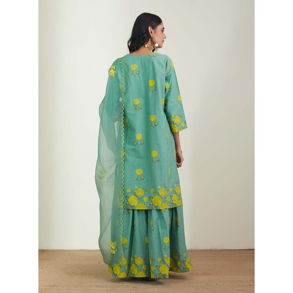 Label Earthen Women Green Floral Kurta with Sharara & Dupatta (Set of 3)