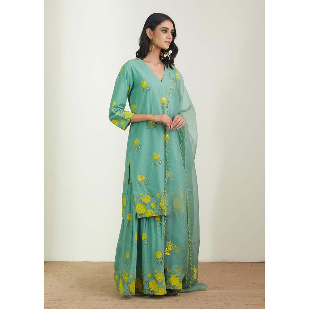 Label Earthen Women Green Floral Kurta with Sharara & Dupatta (Set of 3)