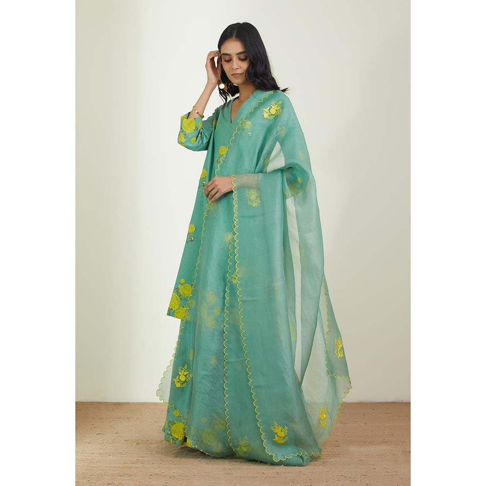 Label Earthen Women Green Floral Kurta with Sharara & Dupatta (Set of 3)