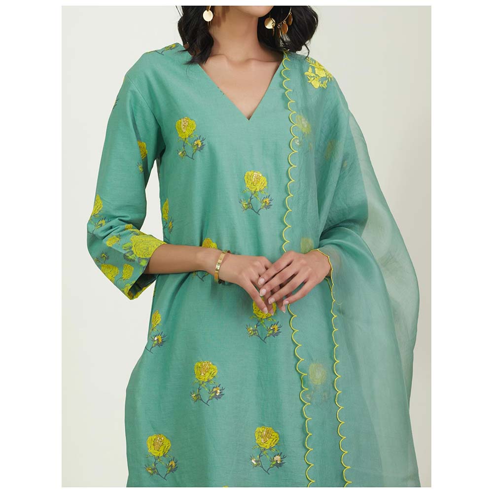 Label Earthen Women Green Floral Kurta with Sharara & Dupatta (Set of 3)