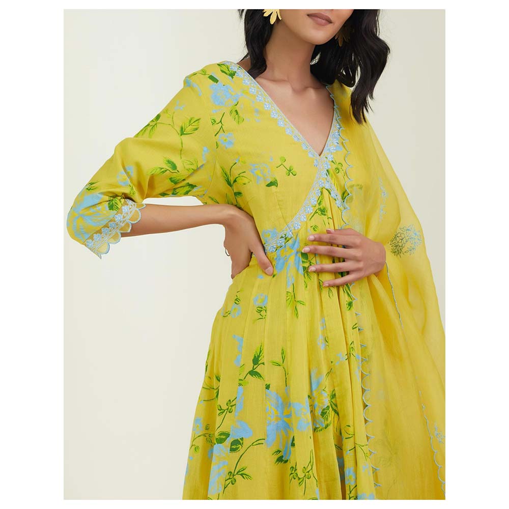 Label Earthen Women Yellow Floral Kurta with Sharara & Dupatta (Set of 3)