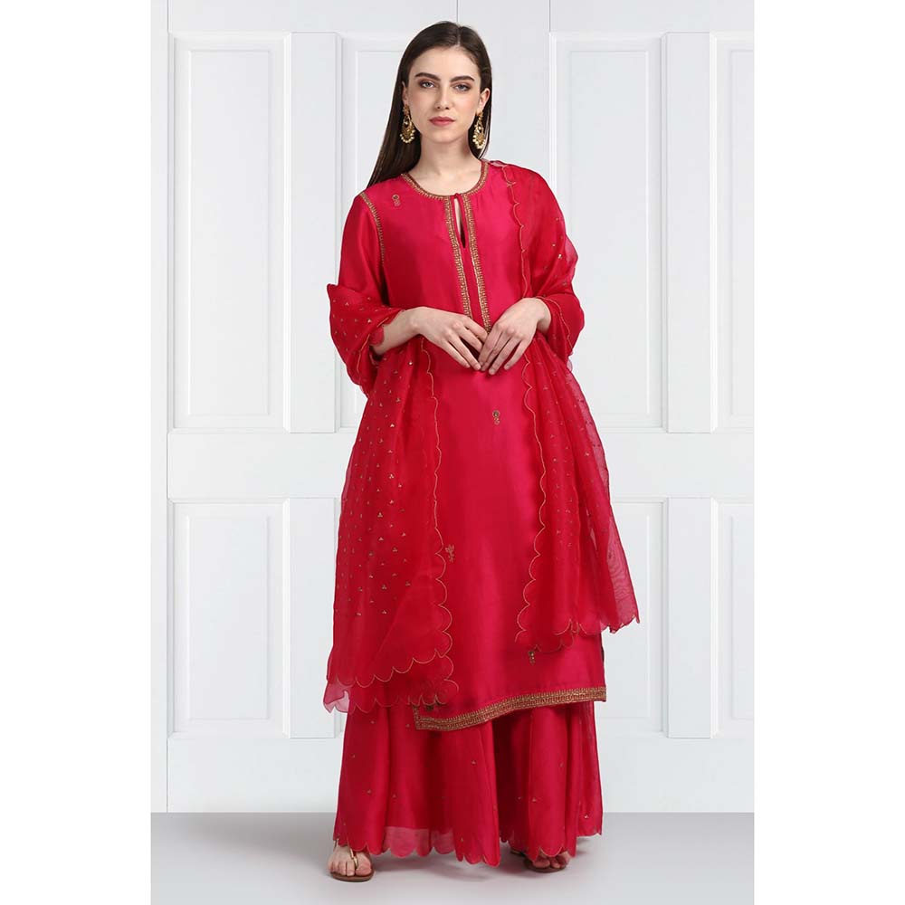 Label Earthen Women Pink Embroidered Kurta with Sharara & Dupatta (Set of 3)