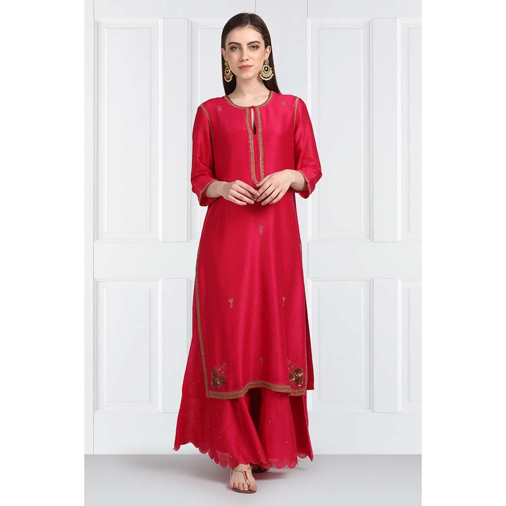Label Earthen Women Pink Embroidered Kurta with Sharara & Dupatta (Set of 3)