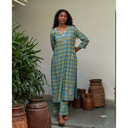 Label Earthen Neela Sitara Phool Checked Embroidered Kurta Pant with Dupatta (Set of 3)