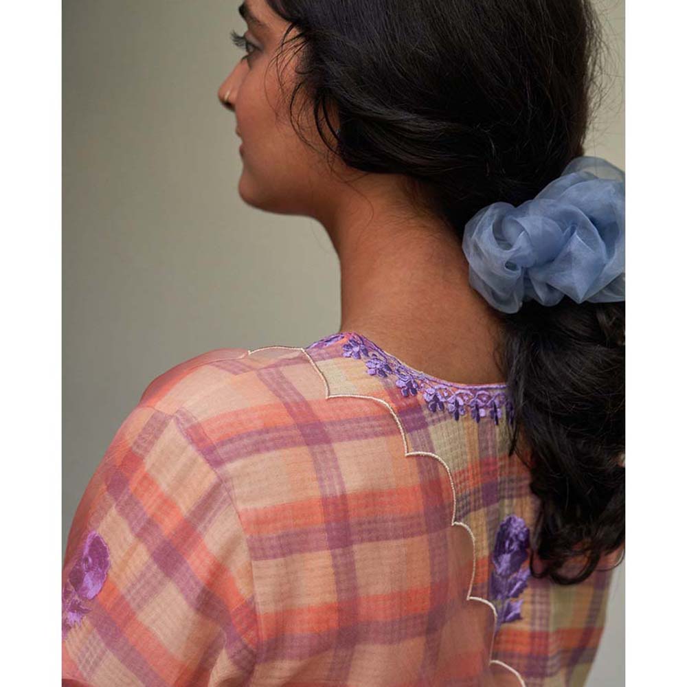 Label Earthen Gulabi Champai Phool Checked Embroidered Kurta Pant with Dupatta (Set of 3)