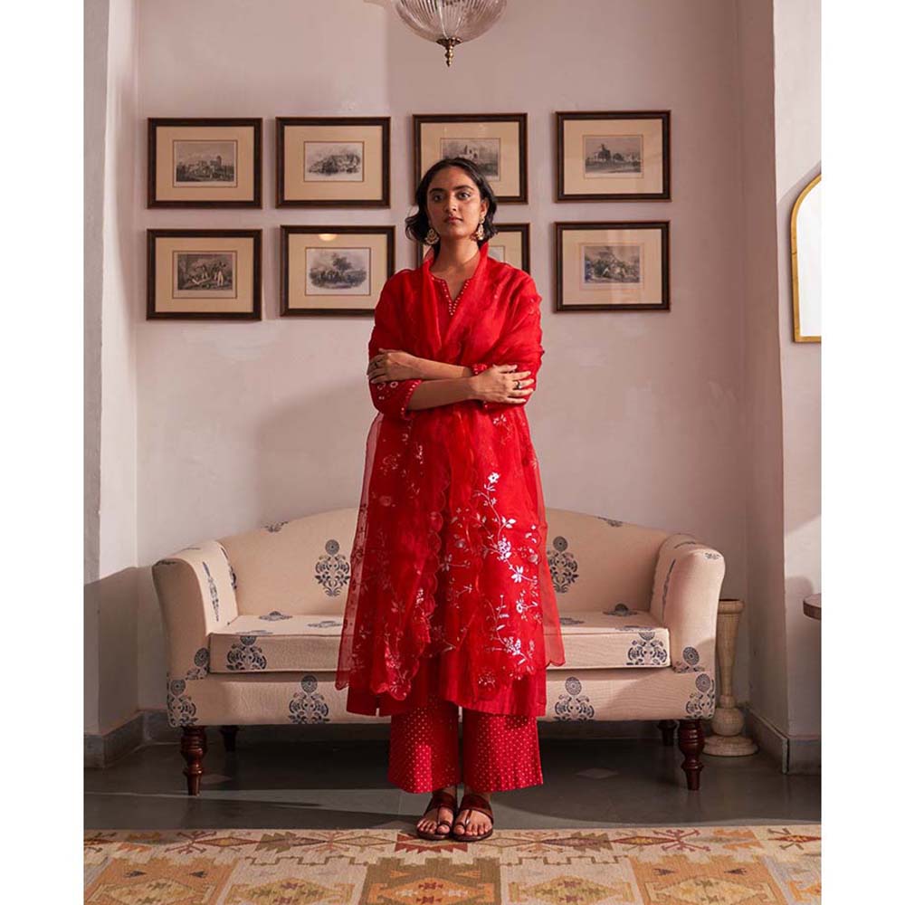 Label Earthen Laal Guchha Sitara Kurta Pant with Dupatta (Set of 3)