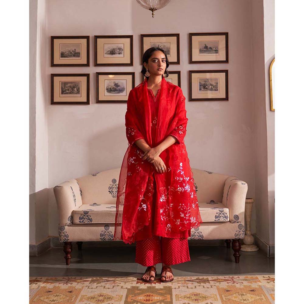 Label Earthen Laal Guchha Sitara Kurta Pant with Dupatta (Set of 3)