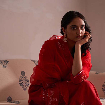 Label Earthen Laal Guchha Sitara Kurta Pant with Dupatta (Set of 3)