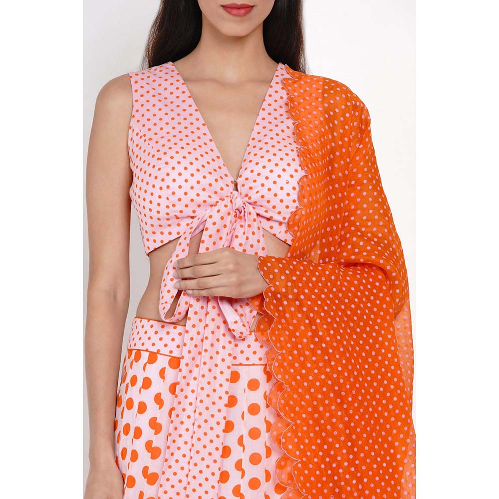 Label Earthen Kesar Gulab Polka Dots Lehenga Blouse with Dupatta (Set of 3)