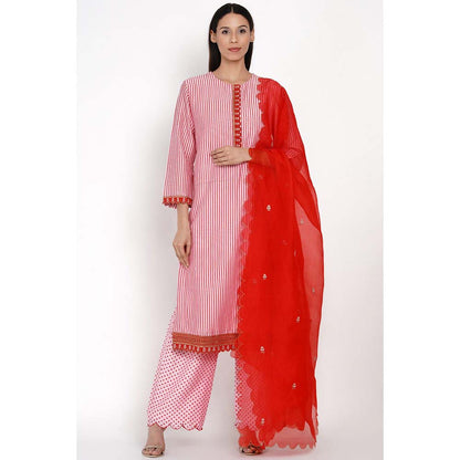 Label Earthen Gulab Resham Stripe Kurta Pant with Dupatta (Set of 3)