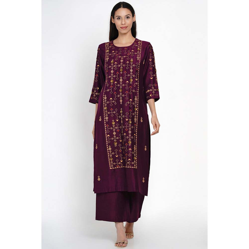 Label Earthen Wine Embroidered Kurta Pant with Dupatta (Set of 3)
