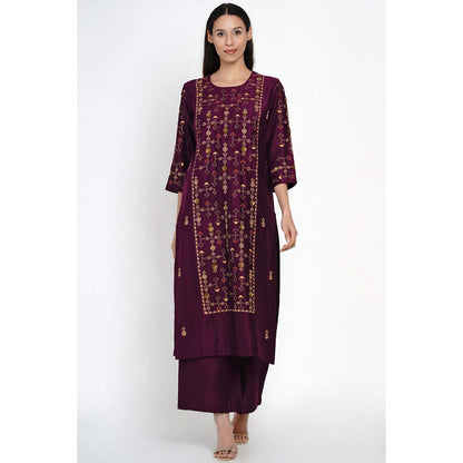 Label Earthen Wine Embroidered Kurta Pant with Dupatta (Set of 3)