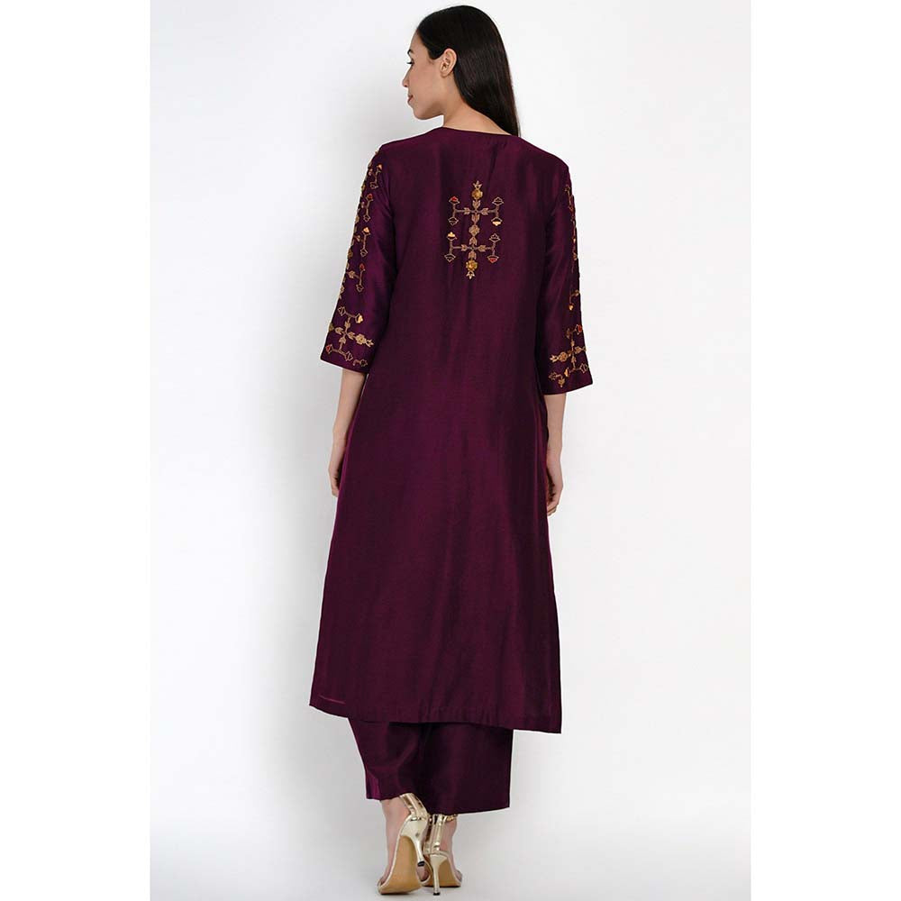 Label Earthen Wine Embroidered Kurta Pant with Dupatta (Set of 3)