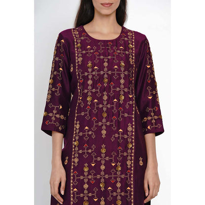 Label Earthen Wine Embroidered Kurta Pant with Dupatta (Set of 3)