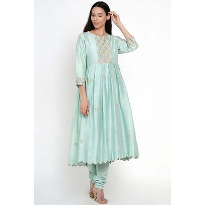 Label Earthen Aqua Green Banarasi Buti Kalidaar Chanderi Silk Pant with Dupatta (Set of 3)