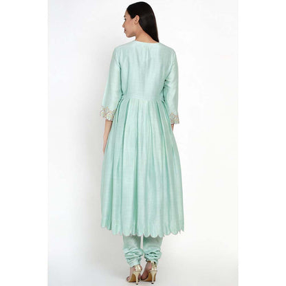 Label Earthen Aqua Green Banarasi Buti Kalidaar Chanderi Silk Pant with Dupatta (Set of 3)