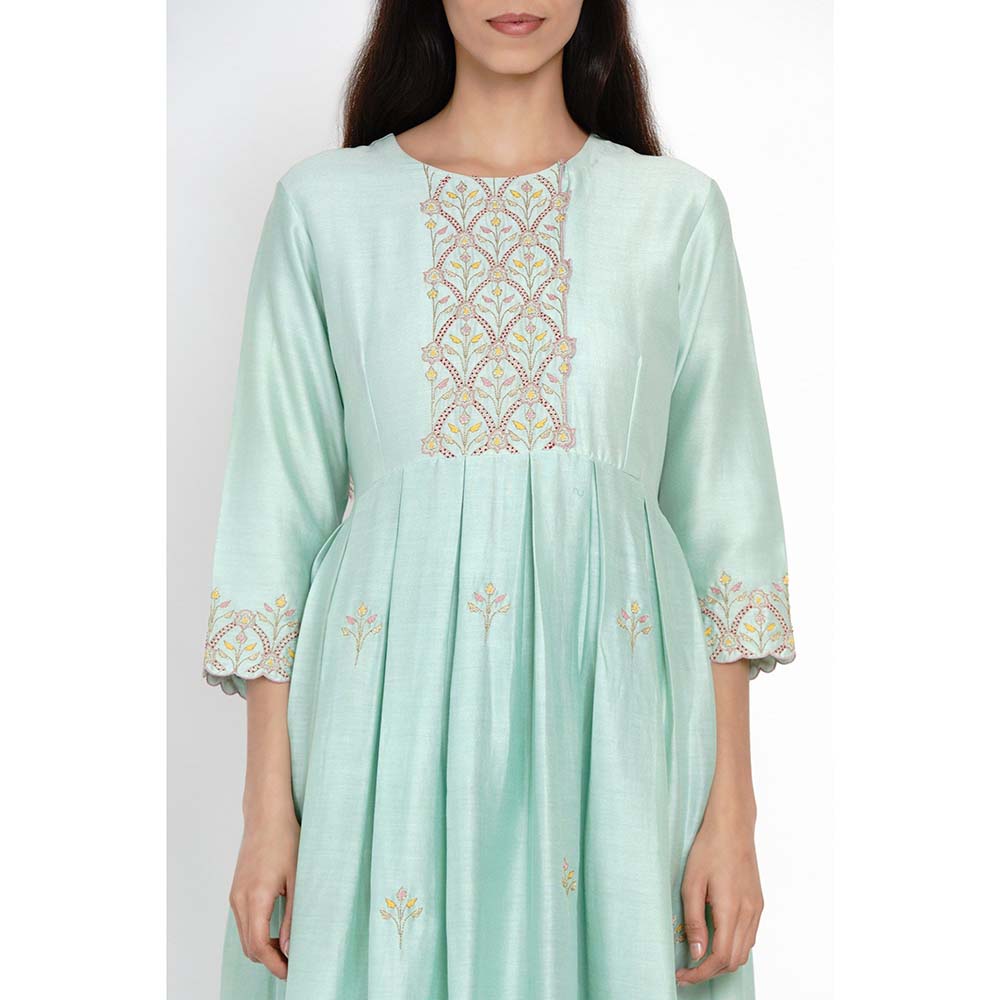 Label Earthen Aqua Green Banarasi Buti Kalidaar Chanderi Silk Pant with Dupatta (Set of 3)