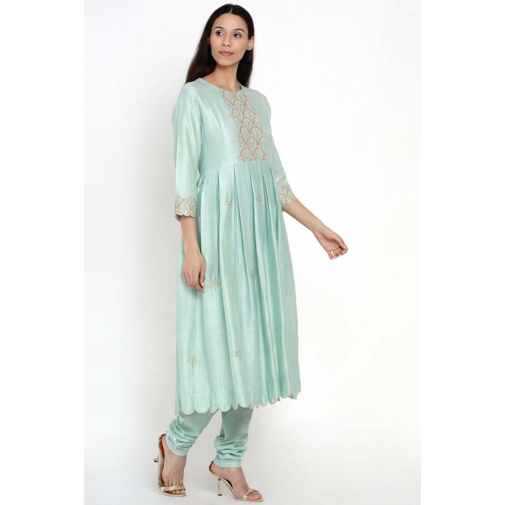 Label Earthen Aqua Green Banarasi Buti Kalidaar Chanderi Silk Pant with Dupatta (Set of 3)