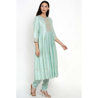 Label Earthen Aqua Green Banarasi Buti Kalidaar Chanderi Silk Pant with Dupatta (Set of 3)