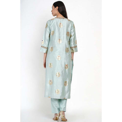 Label Earthen Ambar Brocade Blue Embroidered Kurta Pant with Dupatta (Set of 3)