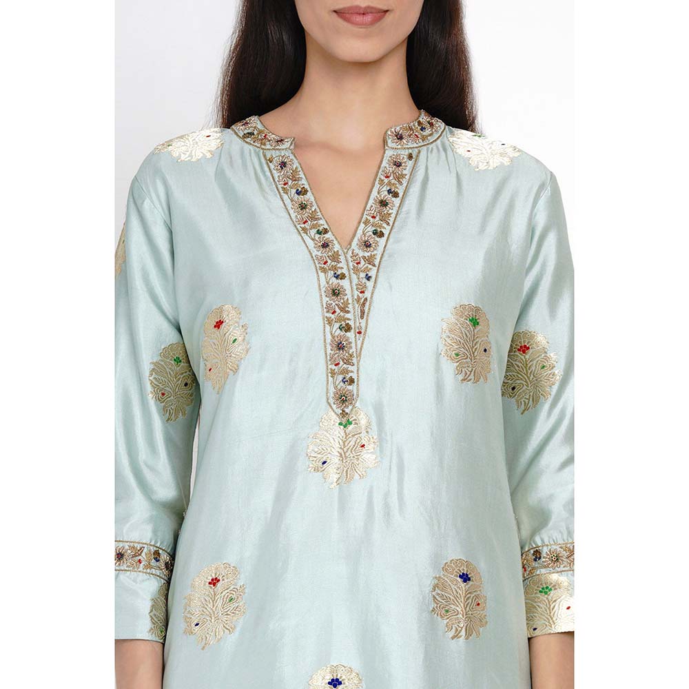 Label Earthen Ambar Brocade Blue Embroidered Kurta Pant with Dupatta (Set of 3)