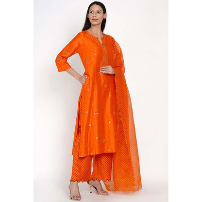 Label Earthen Banarasi Kesar Embroidered Kurta Pant with Polka Dupatta (Set of 3)