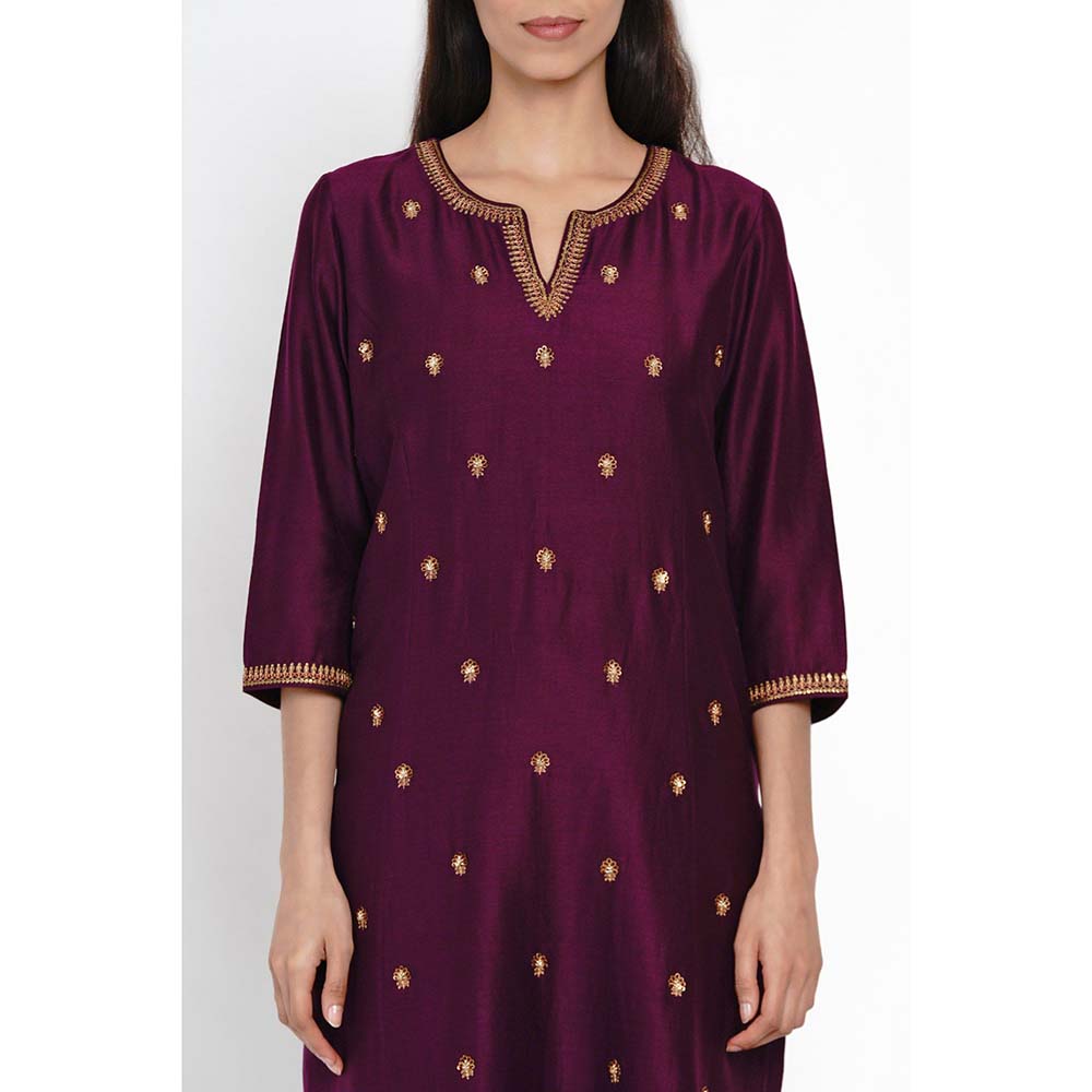 Label Earthen Phalsa Kurta Hand-Embroidered Motif with Pant (Set of 2)