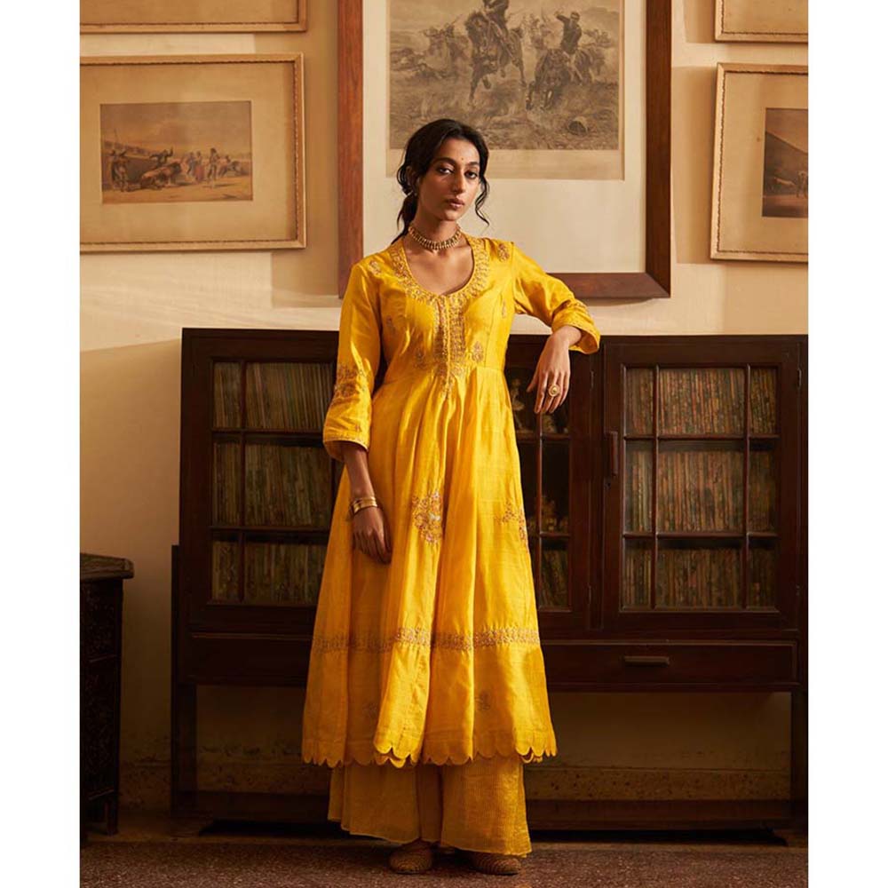 Label Earthen Sunahri Dhoop Kali Kurta Sharara with Hand Embroidered Dupatta (Set of 3)