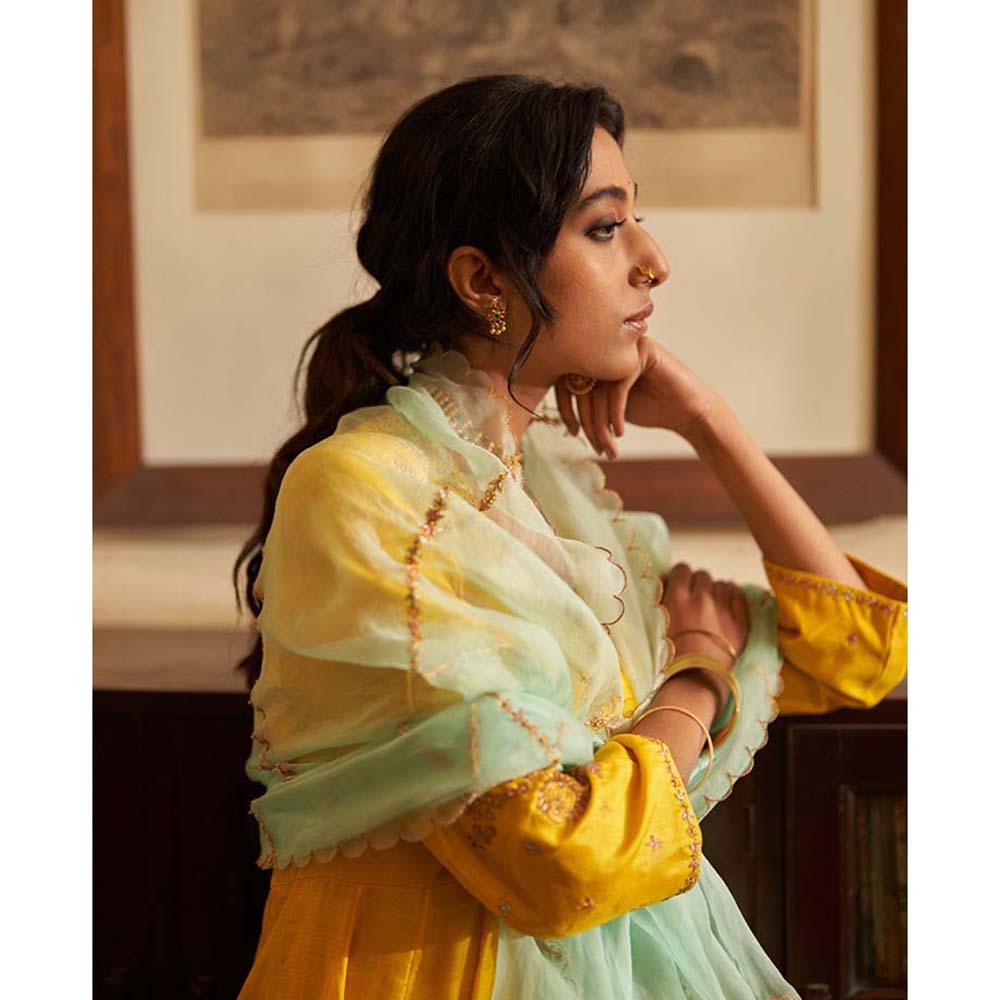 Label Earthen Sunahri Dhoop Kali Kurta Sharara with Hand Embroidered Dupatta (Set of 3)