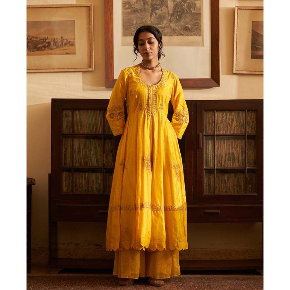 Label Earthen Sunahri Dhoop Kali Kurta Sharara with Hand Embroidered Dupatta (Set of 3)