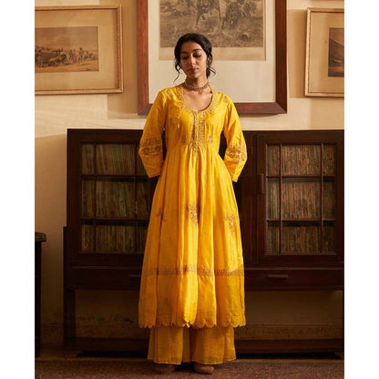 Label Earthen Sunahri Dhoop Kali Kurta Sharara with Hand Embroidered Dupatta (Set of 3)