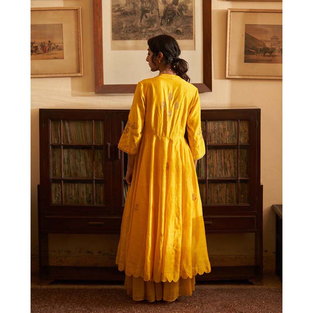 Label Earthen Sunahri Dhoop Kali Kurta Sharara with Hand Embroidered Dupatta (Set of 3)