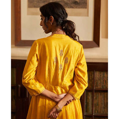 Label Earthen Sunahri Dhoop Kali Kurta Sharara with Hand Embroidered Dupatta (Set of 3)