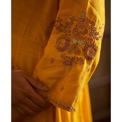 Label Earthen Sunahri Dhoop Kali Kurta Sharara with Hand Embroidered Dupatta (Set of 3)