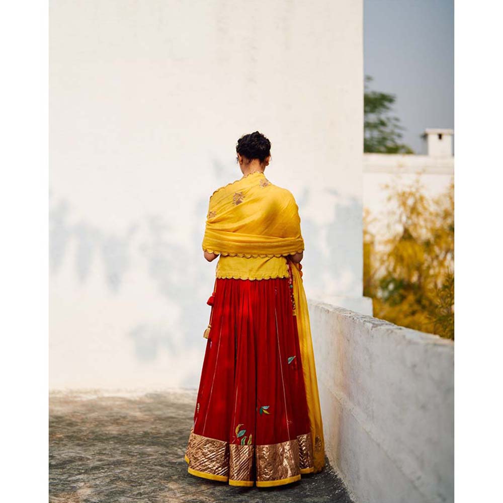 Label Earthen Red & Yellow Champa Makhmal Lehenga Blouse with Embroidered Dupatta (Set of 3)