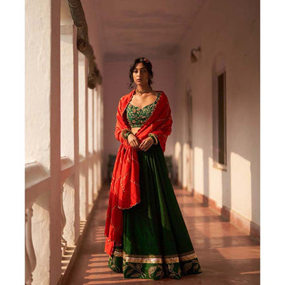 Label Earthen Rani Bahar Reshmi Lehenga Blouse with Hand Embroidered Dupatta (Set of 3)