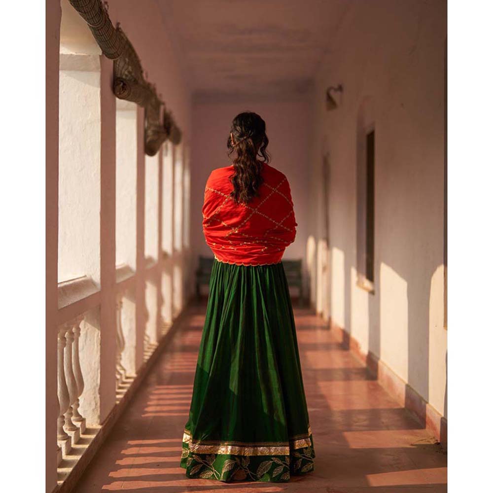 Label Earthen Rani Bahar Reshmi Lehenga Blouse with Hand Embroidered Dupatta (Set of 3)