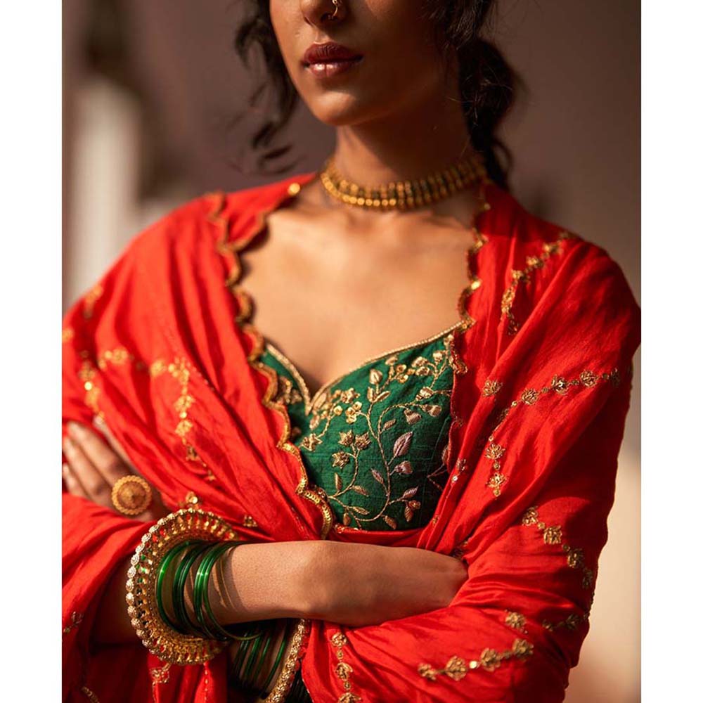 Label Earthen Rani Bahar Reshmi Lehenga Blouse with Hand Embroidered Dupatta (Set of 3)