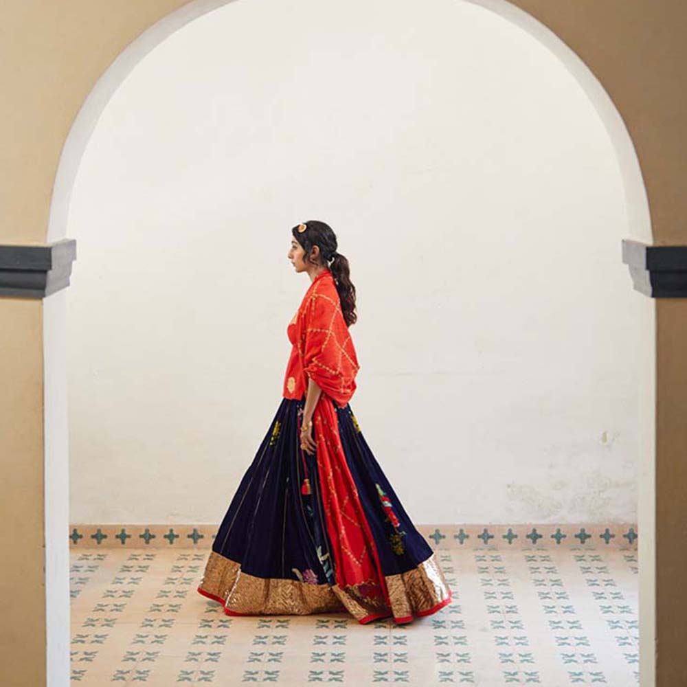 Label Earthen Laal Syahi Makhmal Lehenga Blouse with Hand Embroidered Dupatta (Set of 3)