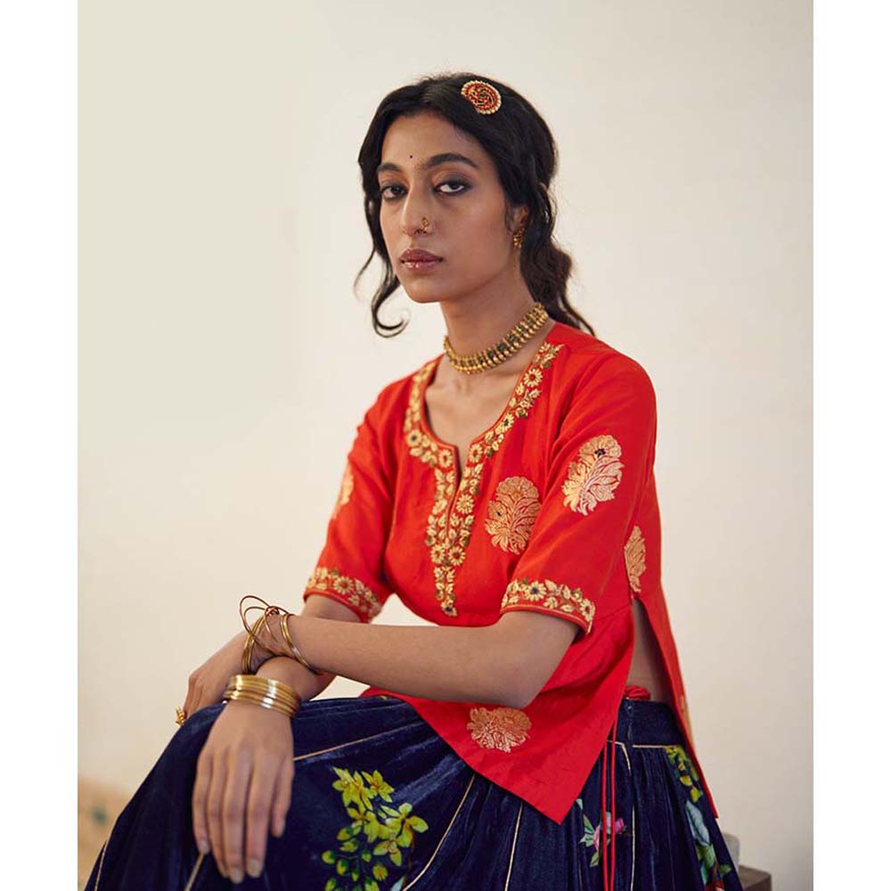 Label Earthen Laal Syahi Makhmal Lehenga Blouse with Hand Embroidered Dupatta (Set of 3)