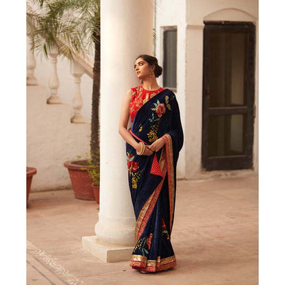 Label Earthen Syahi Makhmal Printed Blue Velvet Saree & with Zardozi with Stitched Blouse
