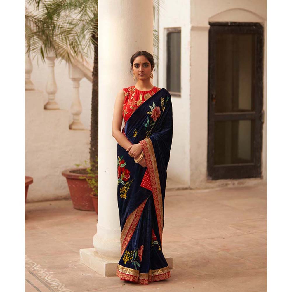 Label Earthen Syahi Makhmal Printed Blue Velvet Saree & with Zardozi with Stitched Blouse