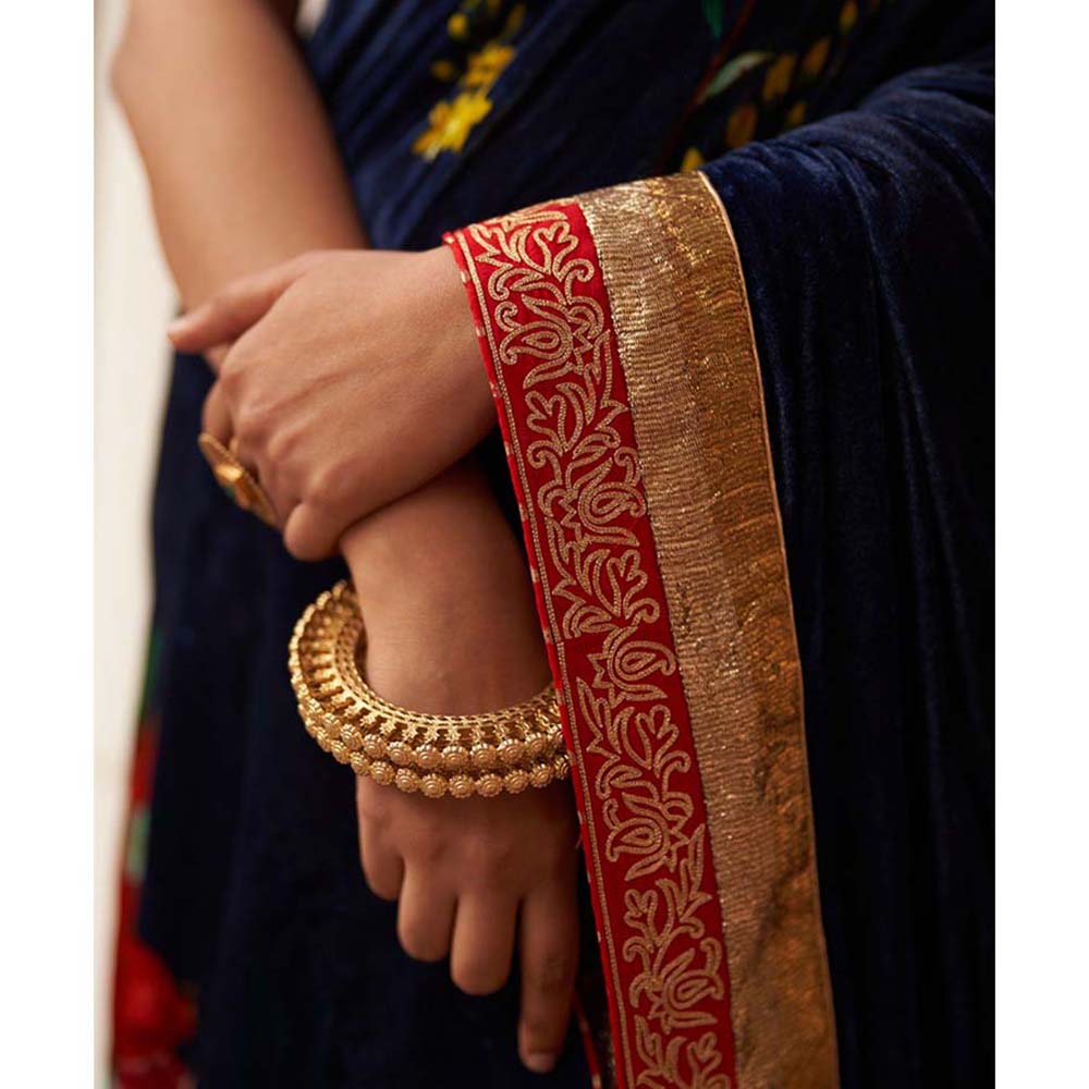 Label Earthen Syahi Makhmal Printed Blue Velvet Saree & with Zardozi with Stitched Blouse