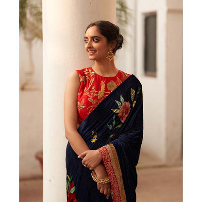 Label Earthen Syahi Makhmal Printed Blue Velvet Saree & with Zardozi with Stitched Blouse
