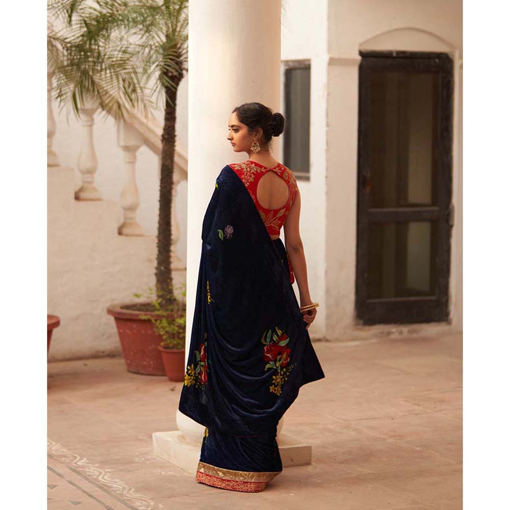 Label Earthen Syahi Makhmal Printed Blue Velvet Saree & with Zardozi with Stitched Blouse