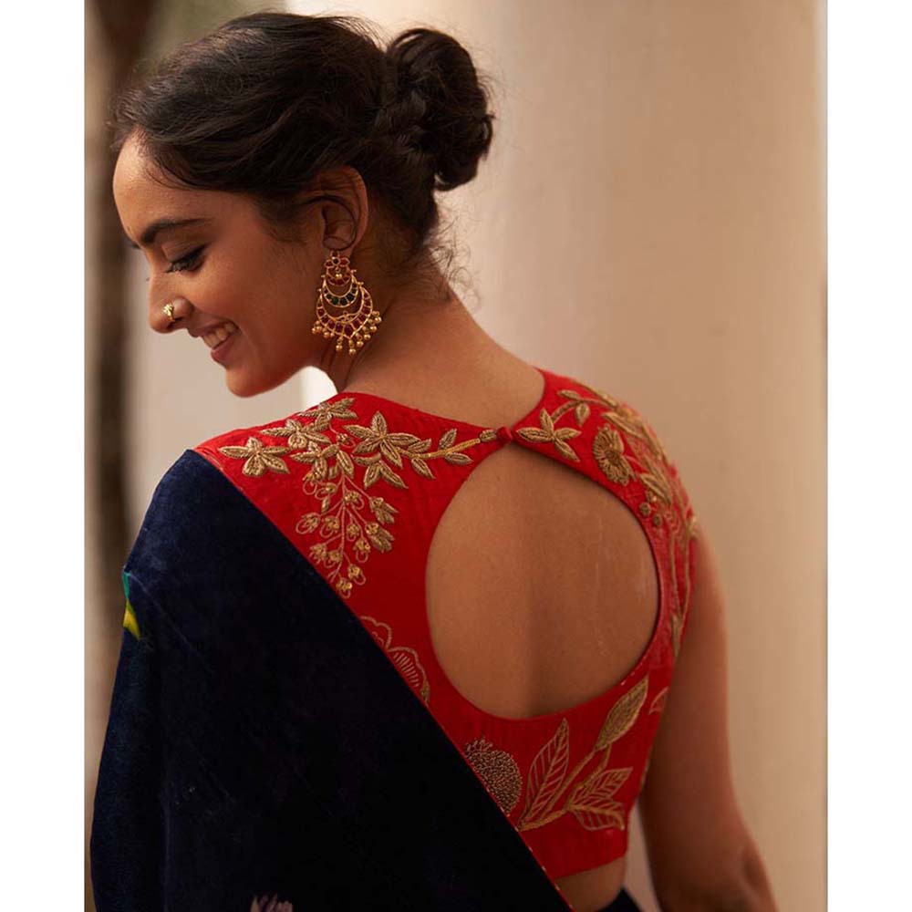 Label Earthen Syahi Makhmal Printed Blue Velvet Saree & with Zardozi with Stitched Blouse