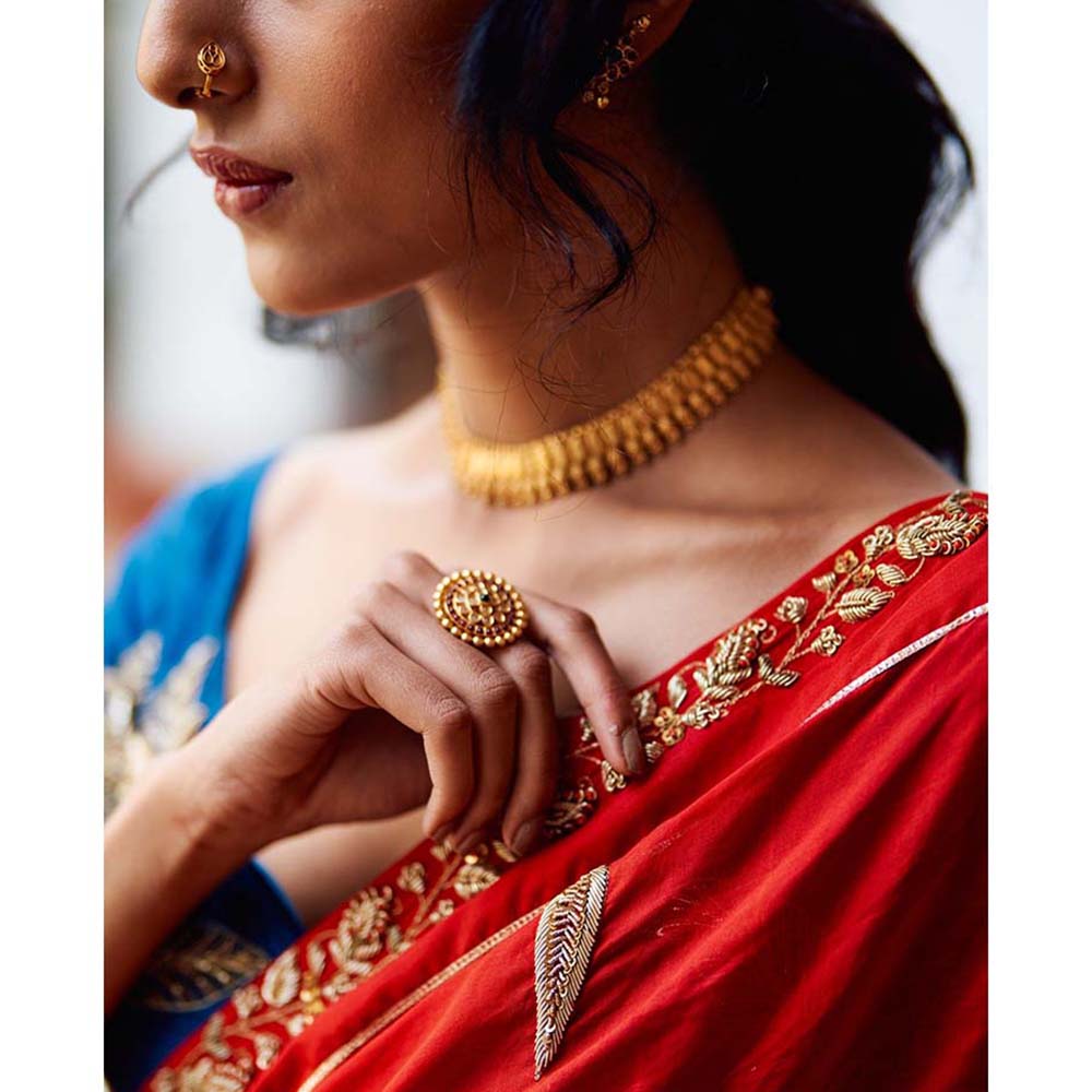 Label Earthen Seetaphool Rani Zardozi Saree with Hand Embroidered with Stitched Blouse