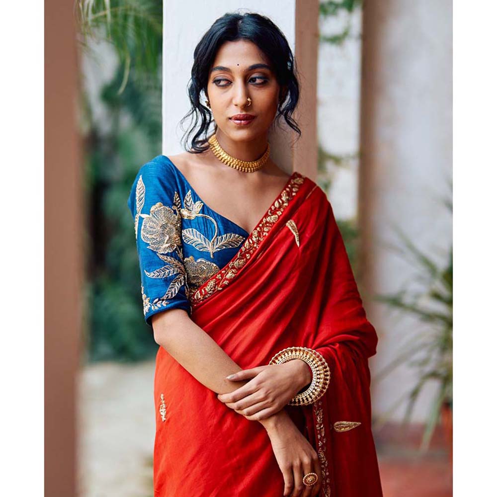 Label Earthen Seetaphool Rani Zardozi Saree with Hand Embroidered with Stitched Blouse